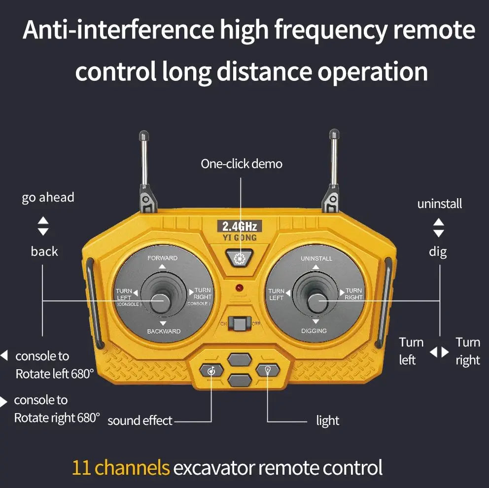 Bright yellow RC construction toy excavator digging sand, showcasing realistic bucket action for kids.