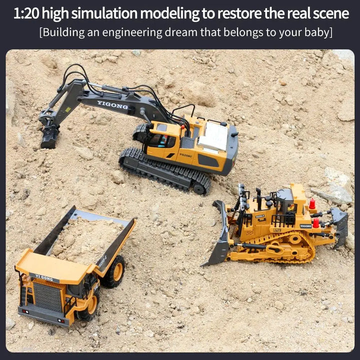 Rechargeable kids' RC excavator toy, RumbleArm, designed for realistic digging adventures & building.