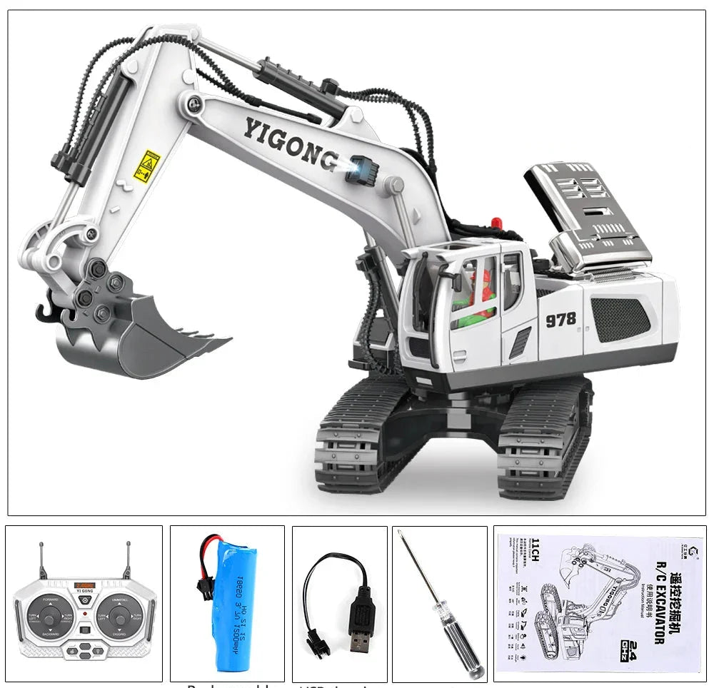 Full view of the vibrant yellow RumbleArm remote control excavator, ready for action in a building playset.