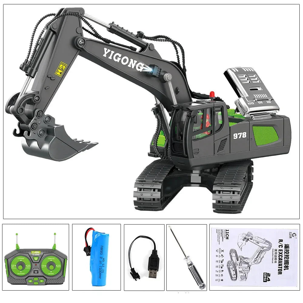 Kids' indoor RC excavator toy, RumbleArm, demonstrating realistic digging action on a playmat.