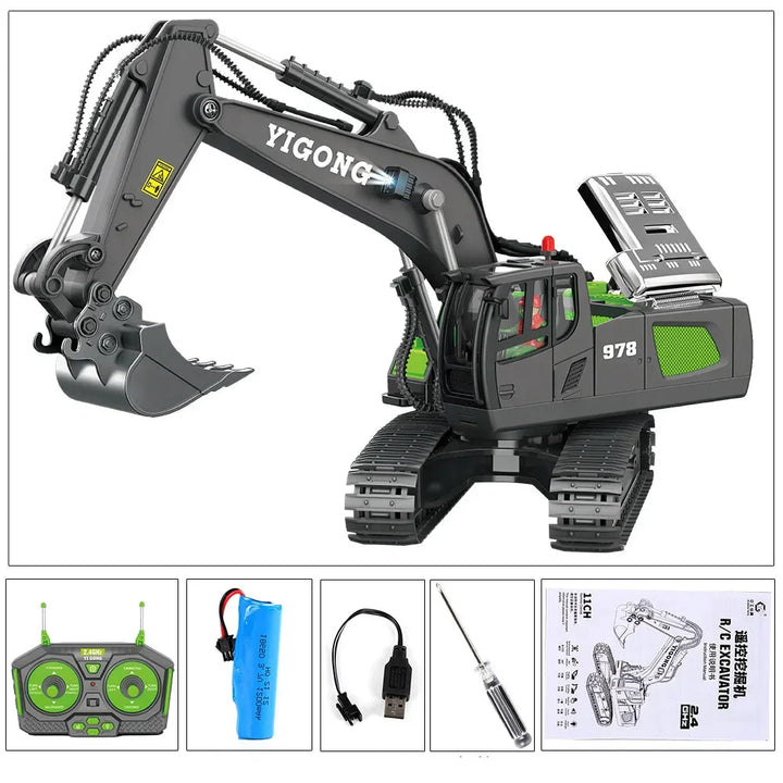 Kids' indoor RC excavator toy, RumbleArm, demonstrating realistic digging action on a playmat.