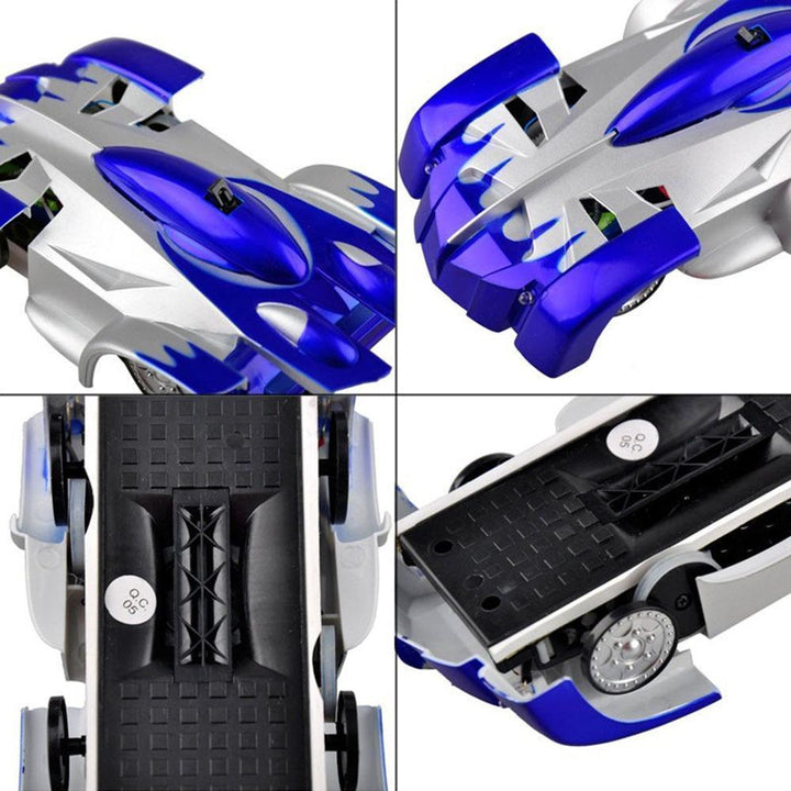 Packaging for a kids' wall climbing RC car, displaying product image and key features like LED headlights
