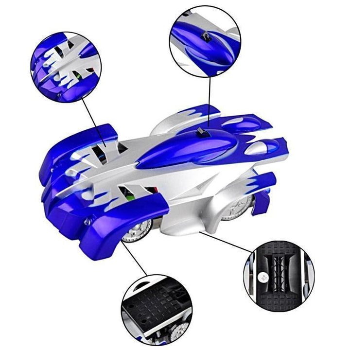 Kids' wall climbing RC car driving upside down on a ceiling, featuring its anti-gravity technology and LED lights