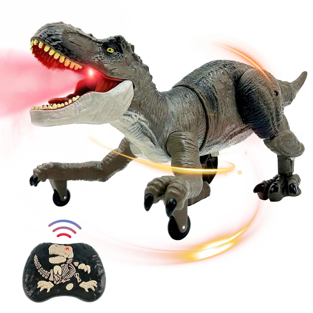 Remote control roaring dinosaur toy with water spray. Thundasaur action figure, a fun interactive gift for kids.