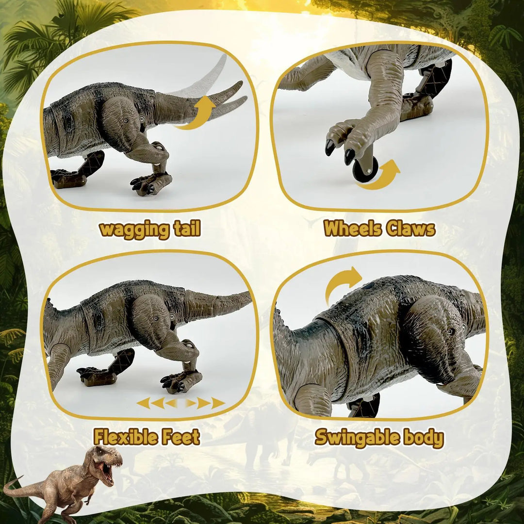 Child plays with remote control roaring dinosaur toy that sprays water. Interactive Thundasaur for boys & girls.