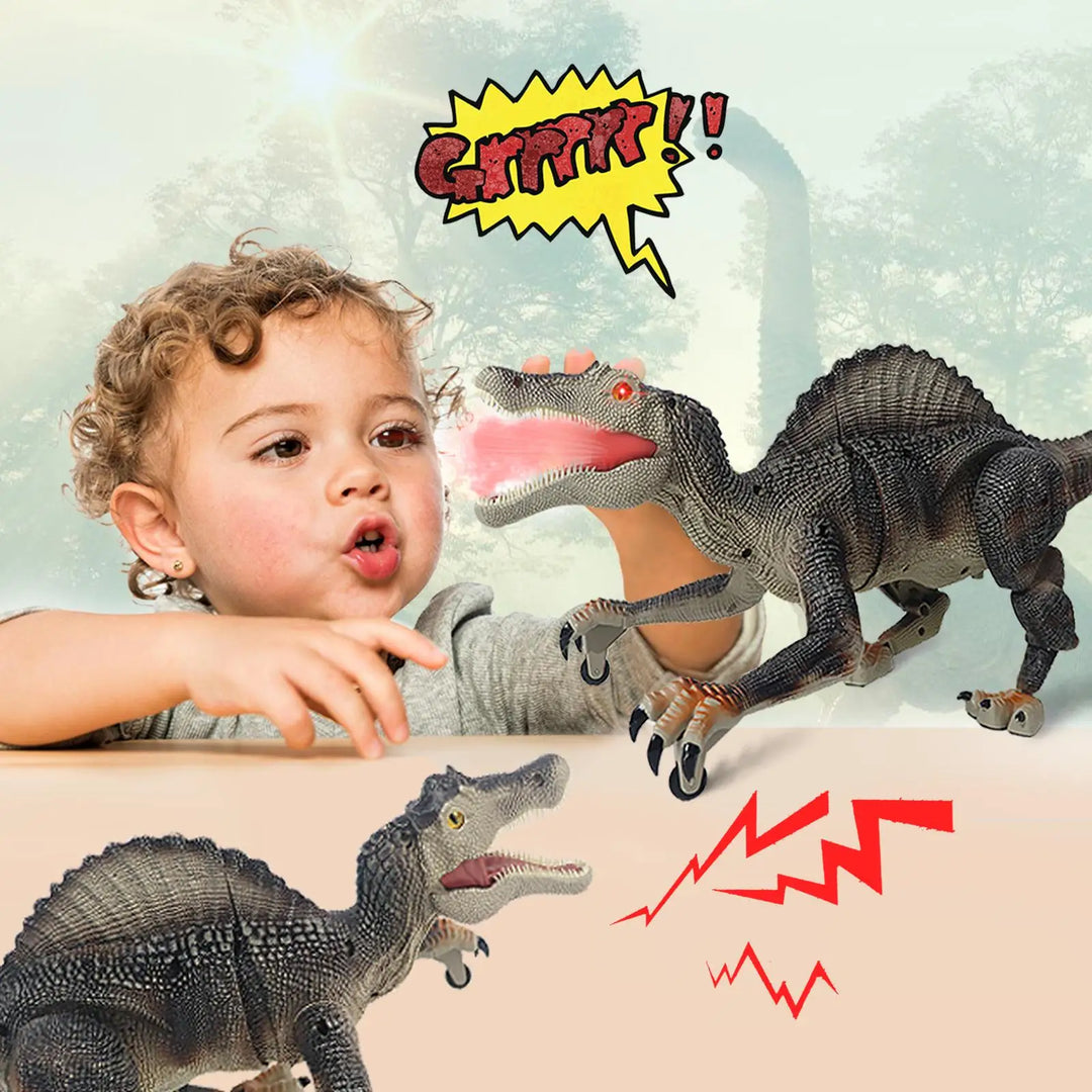 Interactive remote control dinosaur toy, Thundasaur. Roaring & water spray features make learning fun for kids.