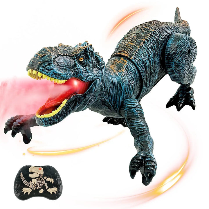 Close-up of a remote control Thundasaur dinosaur toy, showcasing detailed texture, roaring sound & water spray.