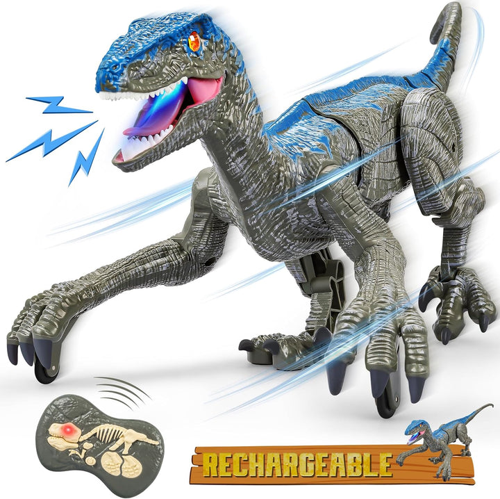 Realistic Velociraptor dinosaur toy, remote controlled with walking motion & roaring sounds for kids' fun.