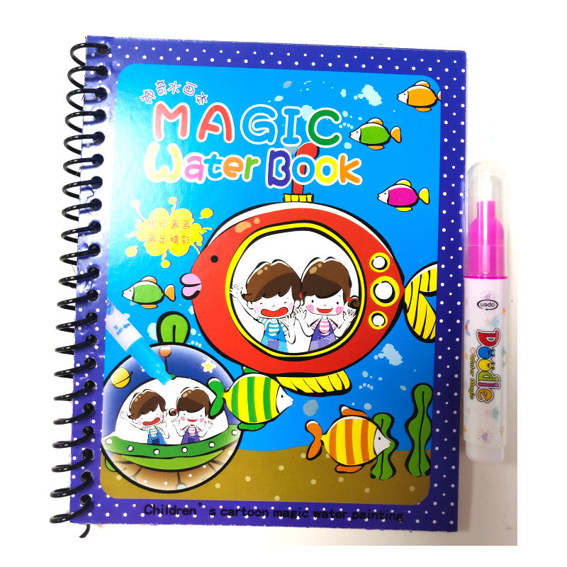 Child's small hand gripping the ergonomic water pen, focused on coloring a reusable book