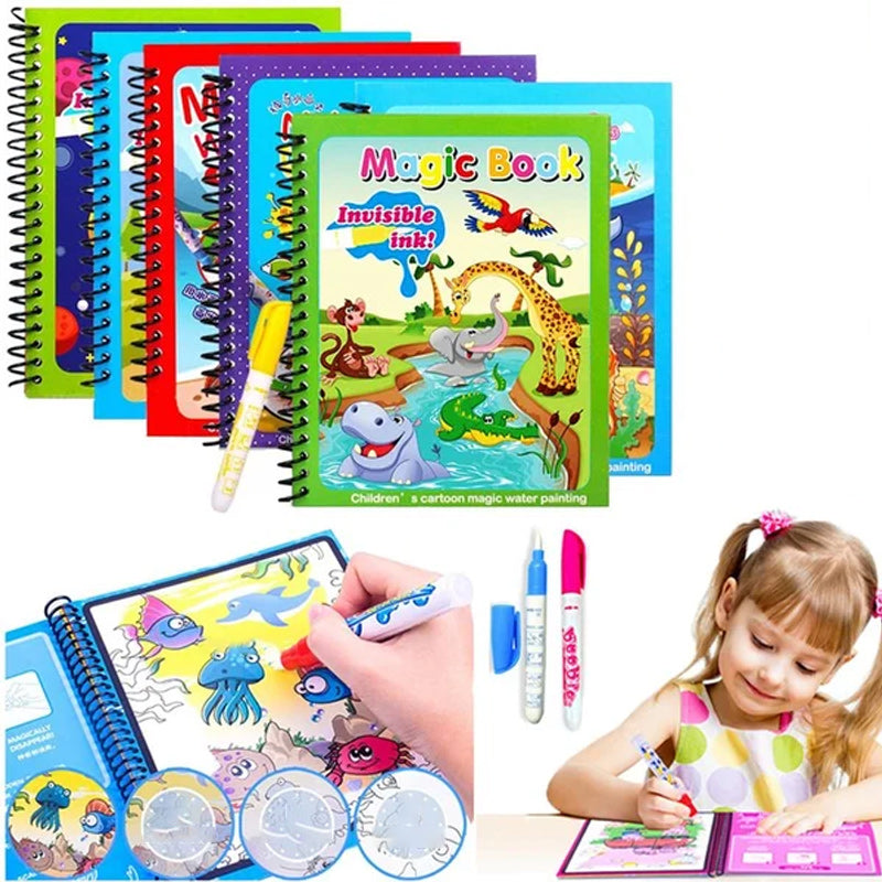 Toddler drawing with water pen on a reusable magic coloring book featuring a jungle scene