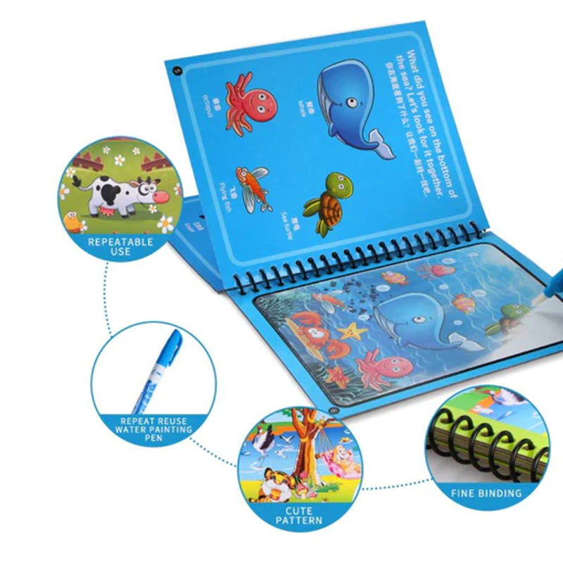 Child's hand holding a water pen, actively coloring a page in a reusable magic activity book