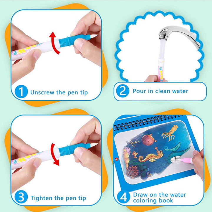 Top-down view of a complete Kids' Reusable Magic Water Coloring Book set with six themed pages