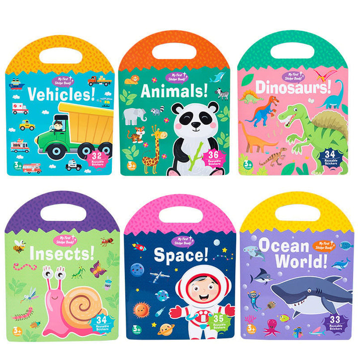 Kids Reusable Sticker Activity Book, open to a farm scene with animal stickers, screen-free learning for toddlers