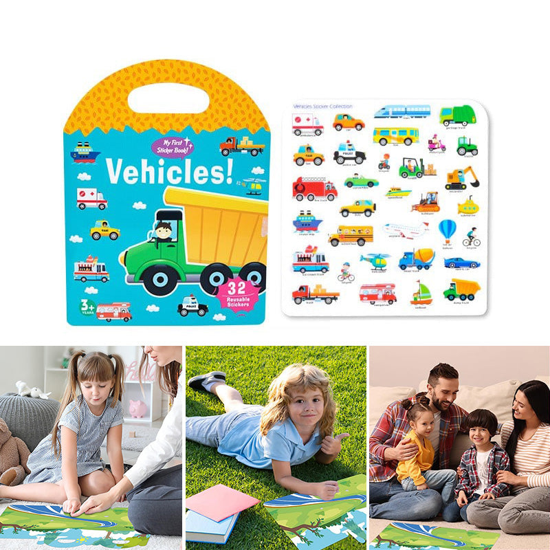 Educational kids' sticker book, open to an ocean theme with marine life stickers, fostering imaginative play