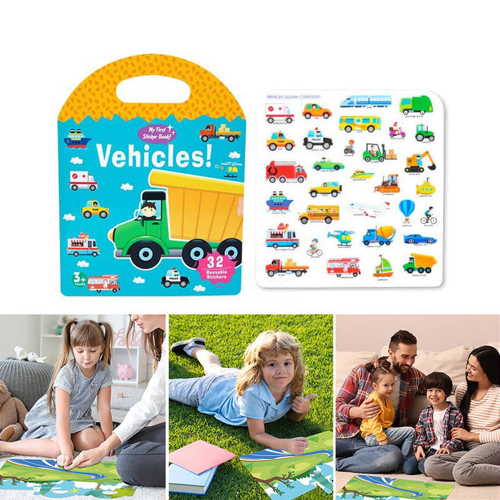 Educational kids' sticker book, open to an ocean theme with marine life stickers, fostering imaginative play
