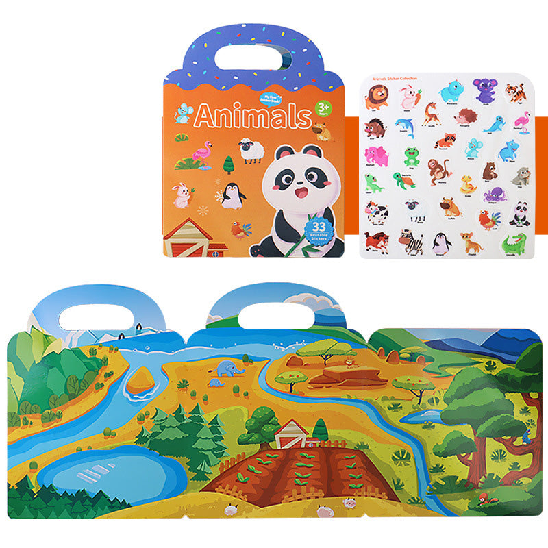 Colorful reusable sticker book with a zoo animal theme, encouraging animal recognition and educational play