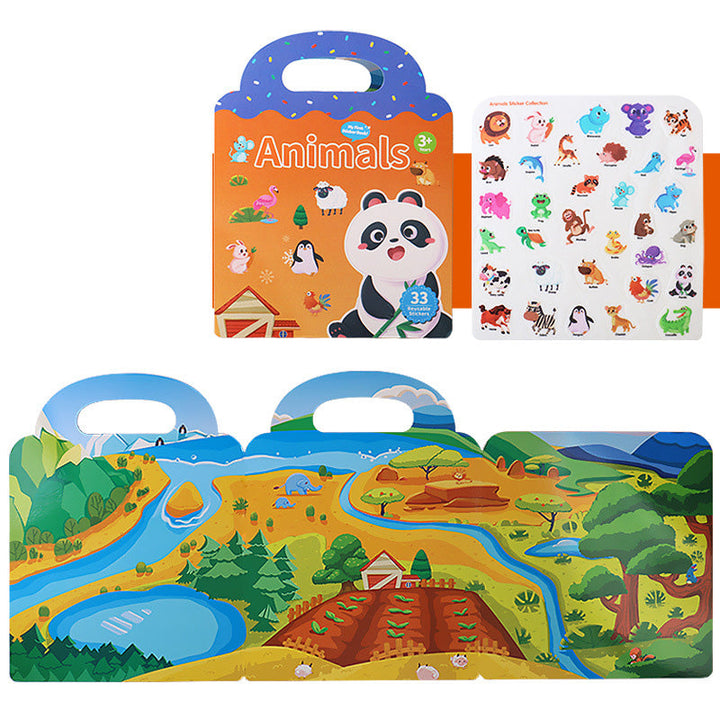 Colorful reusable sticker book with a zoo animal theme, encouraging animal recognition and educational play