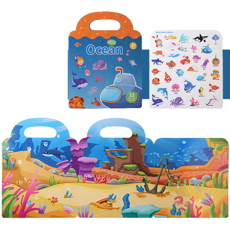 Close-up of reusable stickers from an activity book, showing cute animal designs and repositionable adhesive