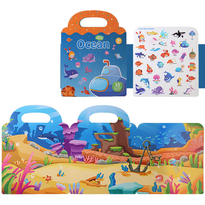 Close-up of reusable stickers from an activity book, showing cute animal designs and repositionable adhesive