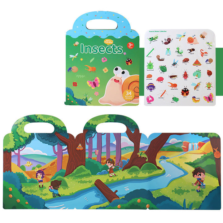 Variety of reusable sticker book themes laid out: farm, city, space, ocean; offering diverse educational experiences