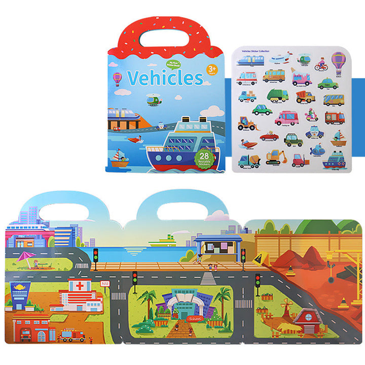 Gift-ready reusable sticker activity book for kids, in colorful packaging, promoting screen-free educational fun
