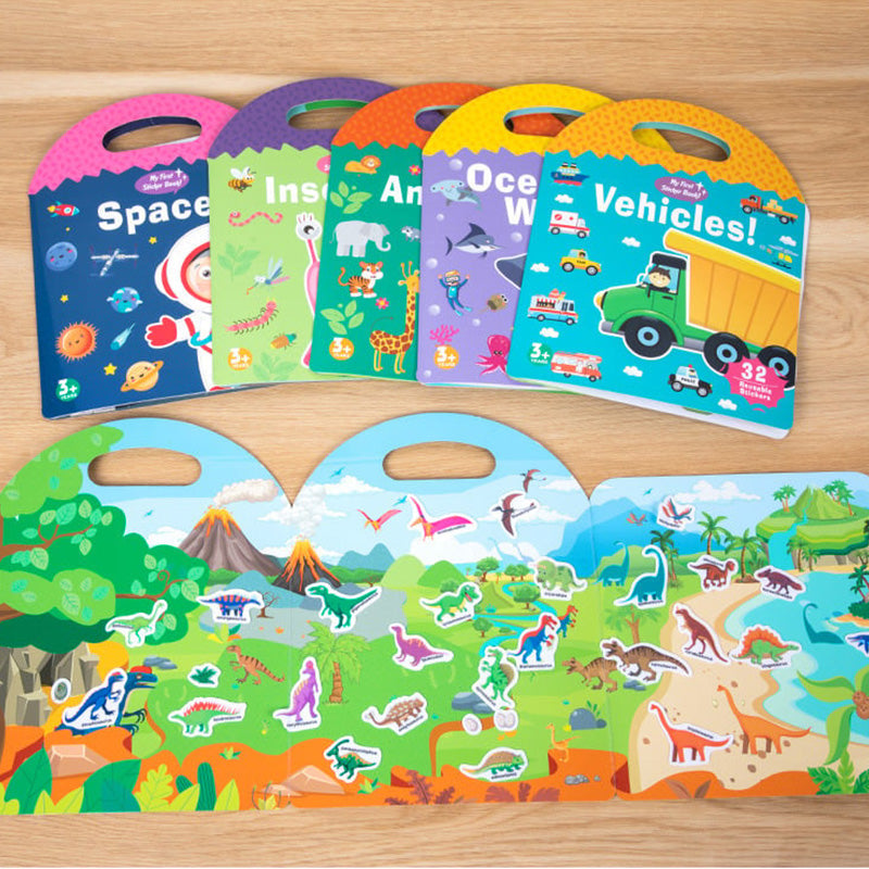 Child playing with a sensory sticker book, vibrant pages & diverse themed reusable stickers, engaging learning toy