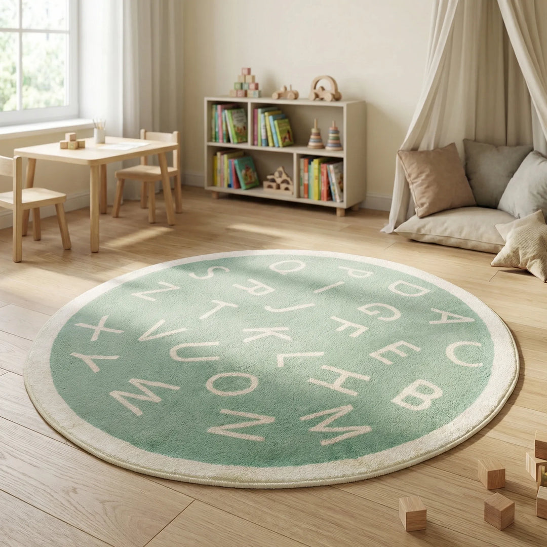 Kids' round alphabet play rug, soft educational floor mat for nursery & playroom, featuring letters.