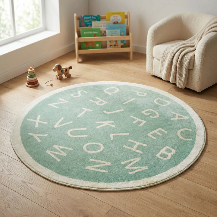 Colorful round alphabet rug for kids. Green, yellow & pink educational playmat, perfect for children's rooms.