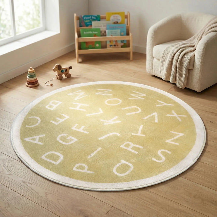 Machine washable round alphabet rug for kids' nursery. Soft, durable play mat, easy to clean.