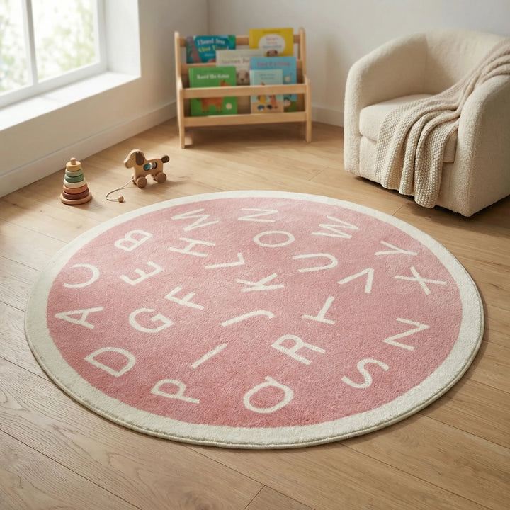 Flowique kids' round alphabet area rug with wave design. Soft educational floor covering for playroom.