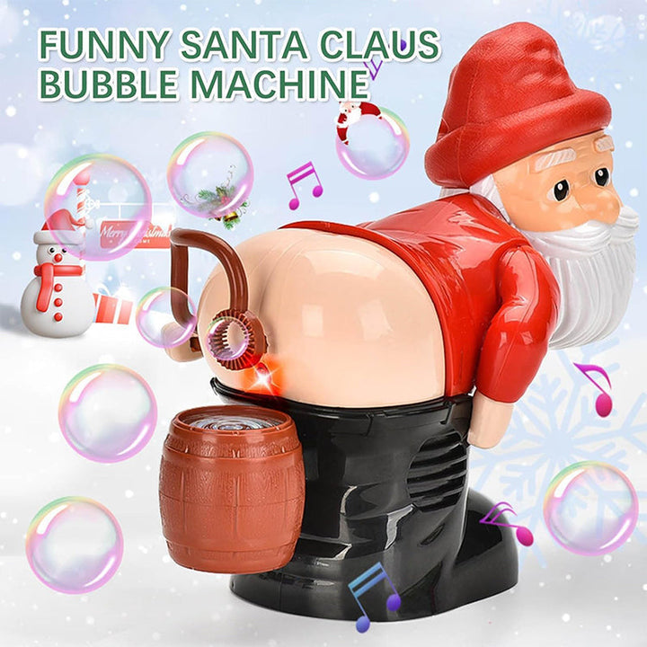 Close-up of Santa Claus bubble machine, featuring detailed design, lights, music, and bubble output