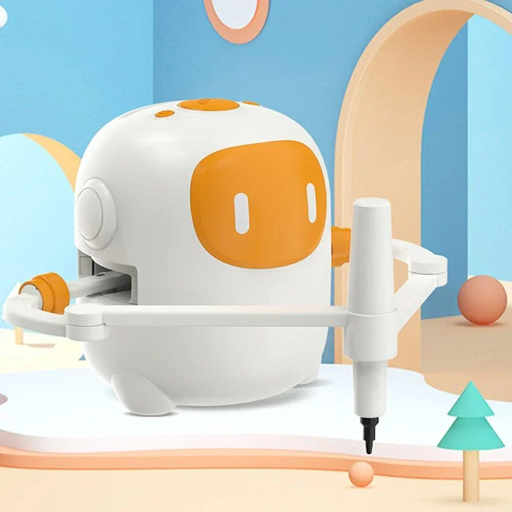 Young child interacting with a smart doodlebot, learning to draw with a fun educational robot toy.