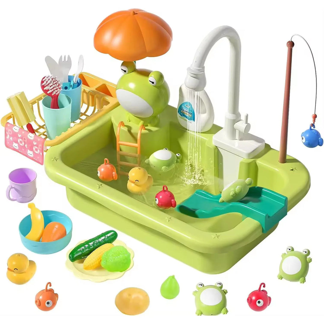 Kids' Splasheroo countertop dishwasher play sink toy with running water, perfect for toddlers & pretend kitchen fun.