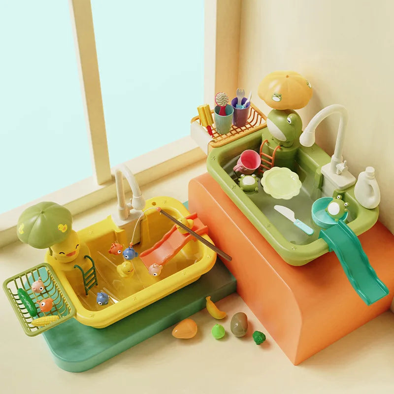 Green educational play sink toy with working faucet, ideal for kids' imaginative water play & role-playing.