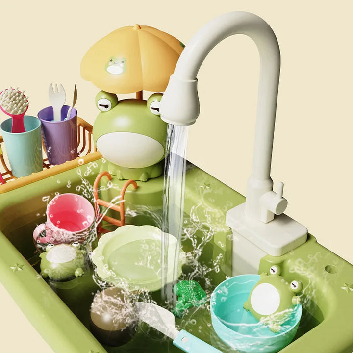 Interactive countertop play sink for kids, a realistic dishwasher toy promoting imaginative kitchen role-play.