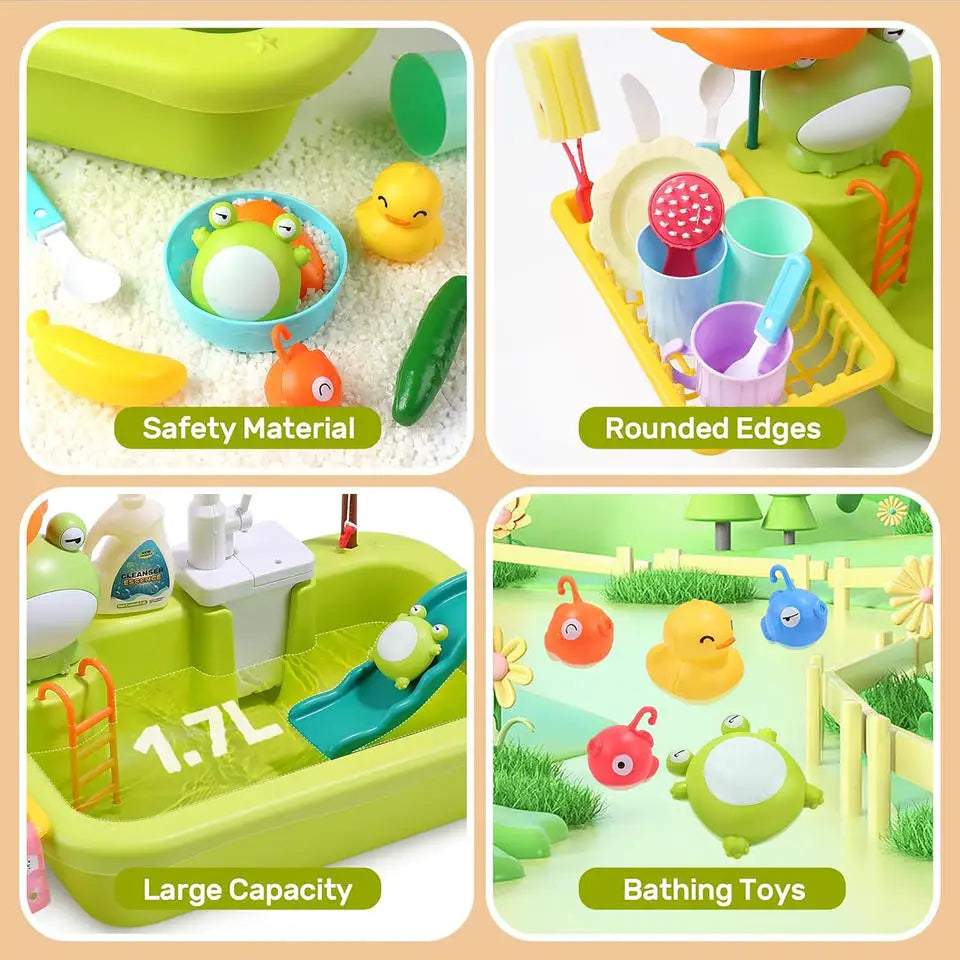 Vibrant green Splasheroo pretend dishwasher playset, a fun countertop water toy for kids' kitchen adventures.