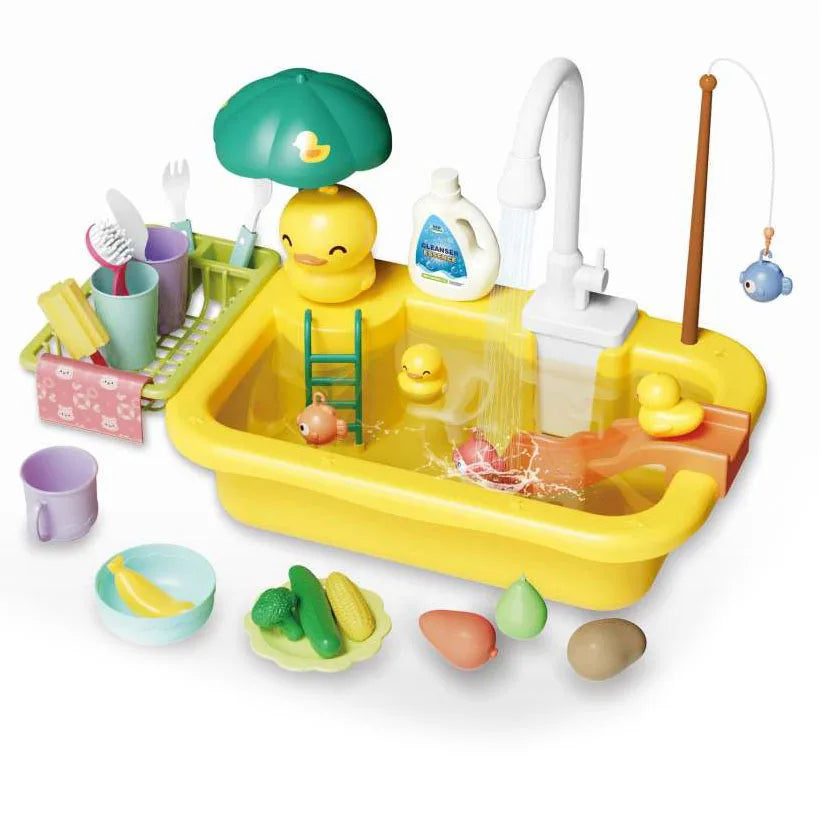 Complete kids' pretend play sink and dishwasher set, a countertop toy for immersive kitchen water play activities.