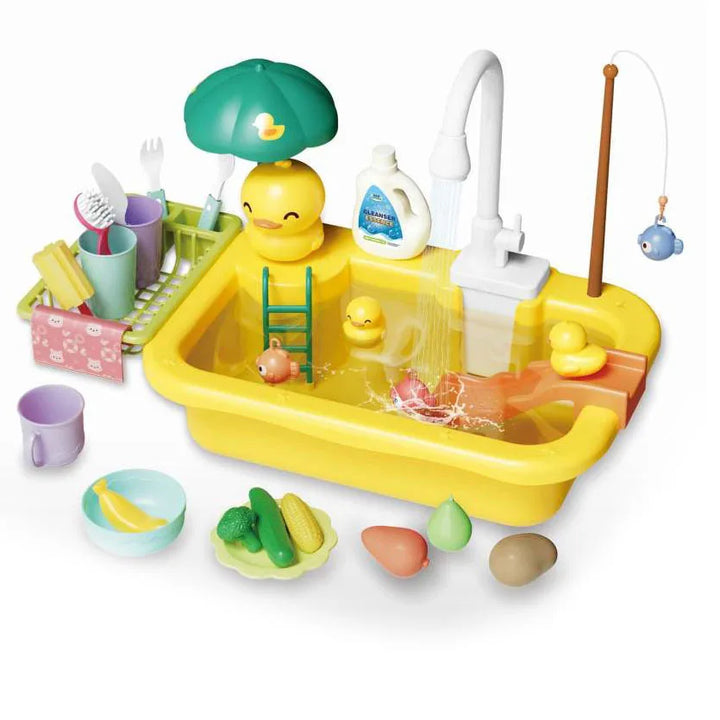 Complete kids' pretend play sink and dishwasher set, a countertop toy for immersive kitchen water play activities.