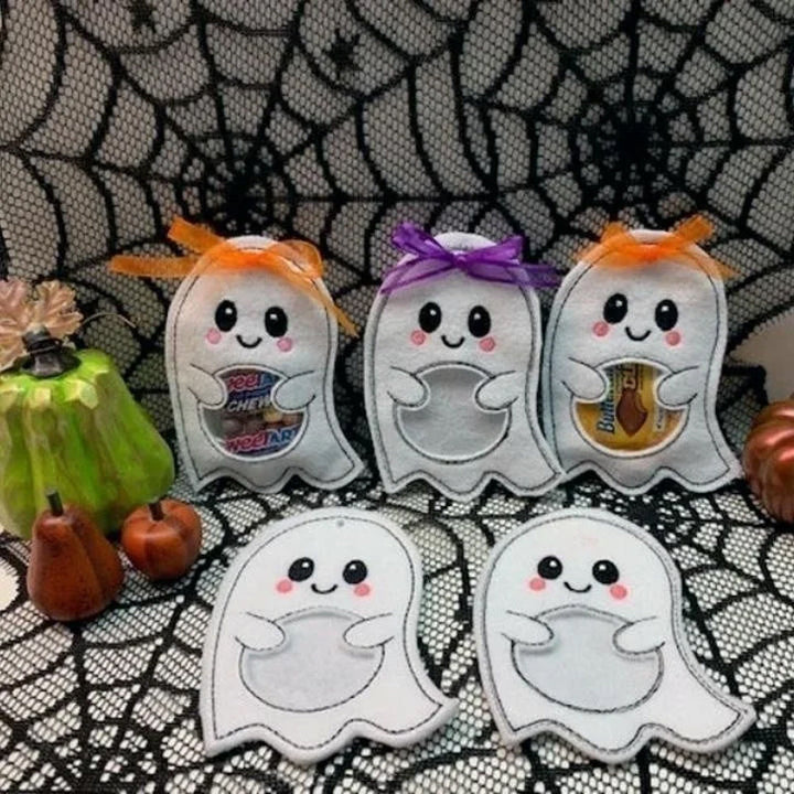 Smiling child eagerly displaying their spooky ghost Halloween candy bag after collecting treats