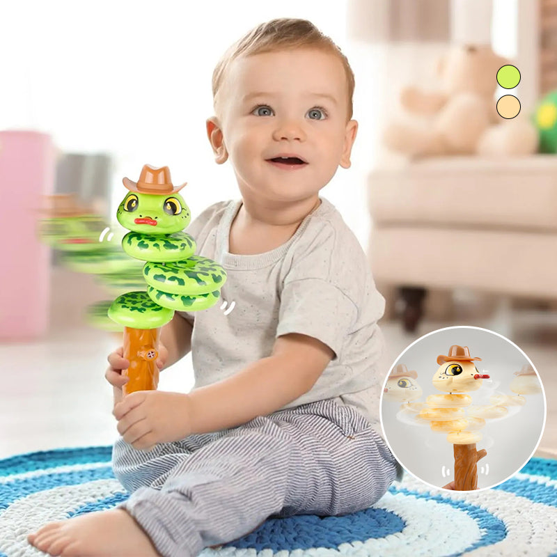 Close-up of a vibrant green and yellow snake whistle toy with a red tongue, fun children's gift