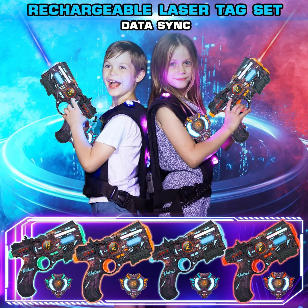 Close-up of Tagonix rechargeable laser tag blaster, showcasing ergonomic design & electronic light effects for kids.
