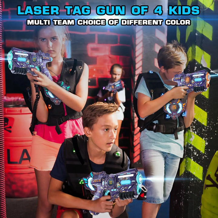 Four kids enjoying a vibrant team laser tag game with Tagonix rechargeable blasters & colorful vests for action.