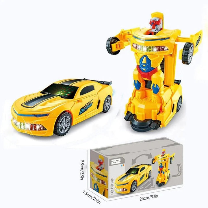 Girl smiling while interacting with a yellow transforming car toy, enjoying its musical and light features.
