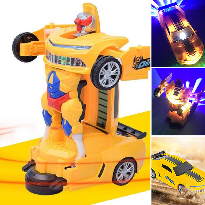 Interactive electronic transforming car toy in red, featuring lights, music, and automatic shape-shifting.