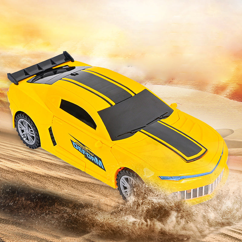 Children playing with a yellow transforming car toy, enjoying its lights, music, and deformation feature.