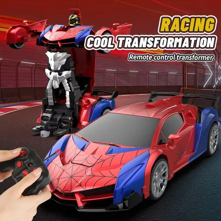 Boys' transforming RC robot car, RoboRacerX, changing from vehicle to robot with cool LED lights.