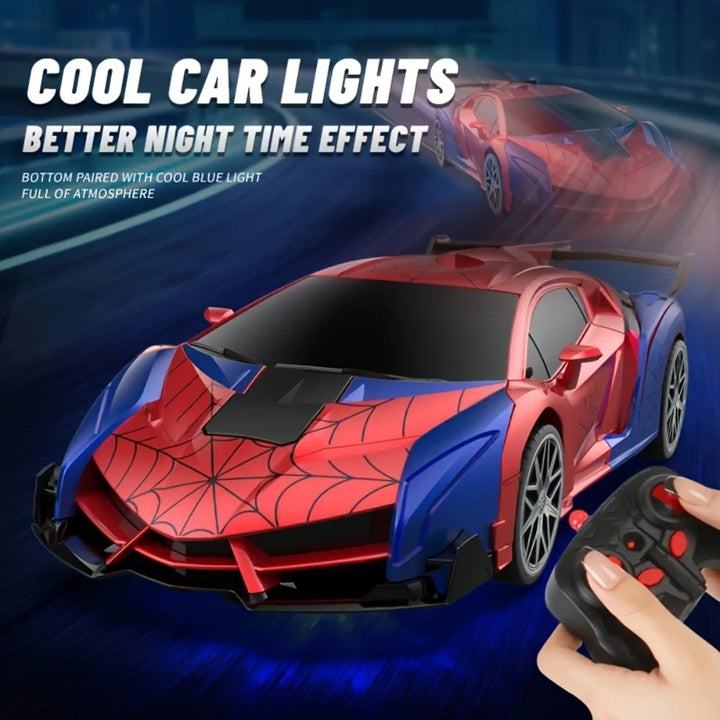 High-speed RC drift car for kids, RoboRacerX, with vibrant LED lights. Remote controlled action vehicle.