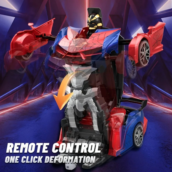 Transforming remote control robot car for kids, RoboRacerX, with LED lights. Rechargeable RC toy.