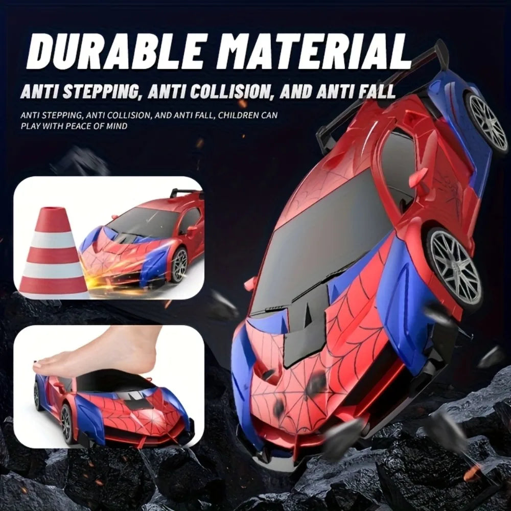 Detailed view of Kids' RoboRacerX RC drift car in vehicle mode, featuring bright LED headlights.