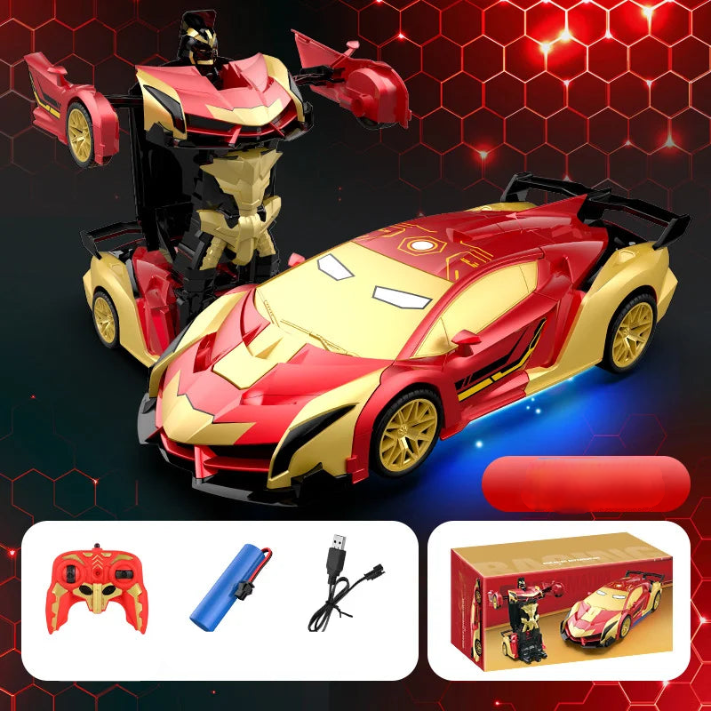 Dynamic shot of Kids' RoboRacerX RC drift car transforming, showing LED lights and remote control action.